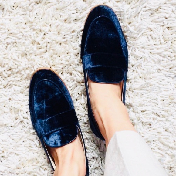 Zara Shoes | Zara Navy Velvet Loafers 